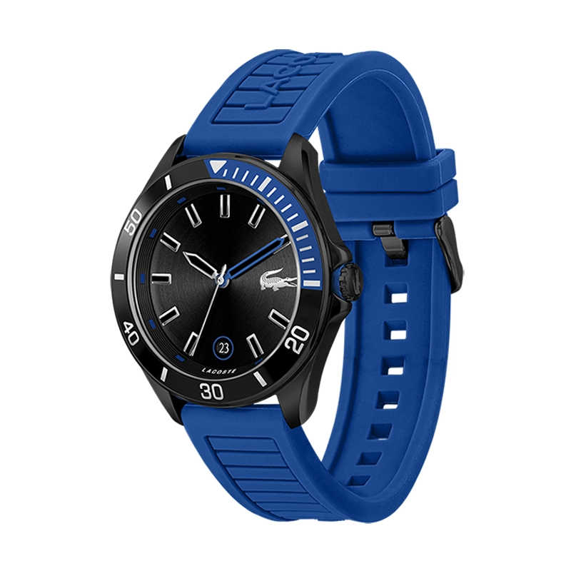 Reloj Lacoste analogo, para Hombre, tablero redondo color negro, estilo index, pulso silicona color azul, calendario