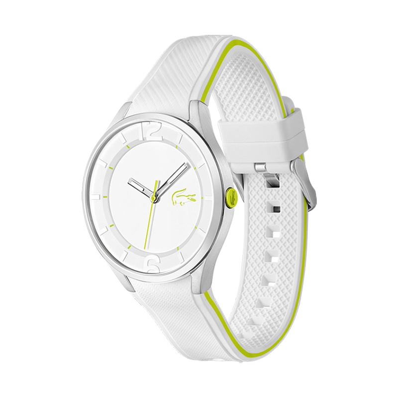 Reloj Lacoste analogo, para Hombre, tablero redondo color blanco, estilo index + arabigo, pulso silicona colores blanco y verde