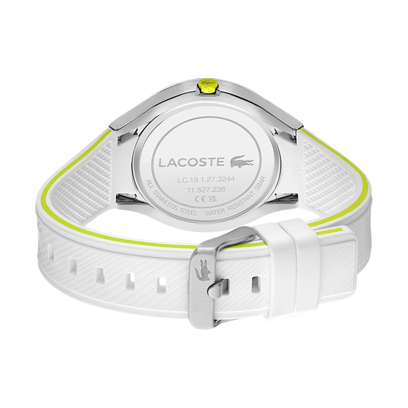 Reloj Lacoste analogo, para Hombre, tablero redondo color blanco, estilo index + arabigo, pulso silicona colores blanco y verde