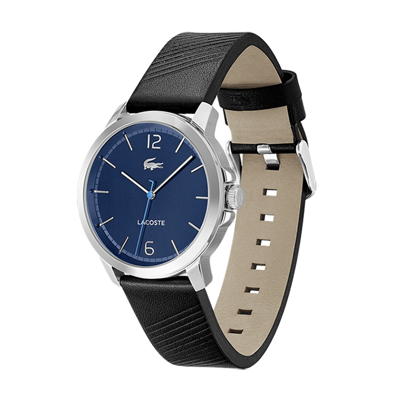 Reloj Lacoste analogo, para Hombre, tablero redondo color azul, estilo index + arabigo, pulso cuero color negro