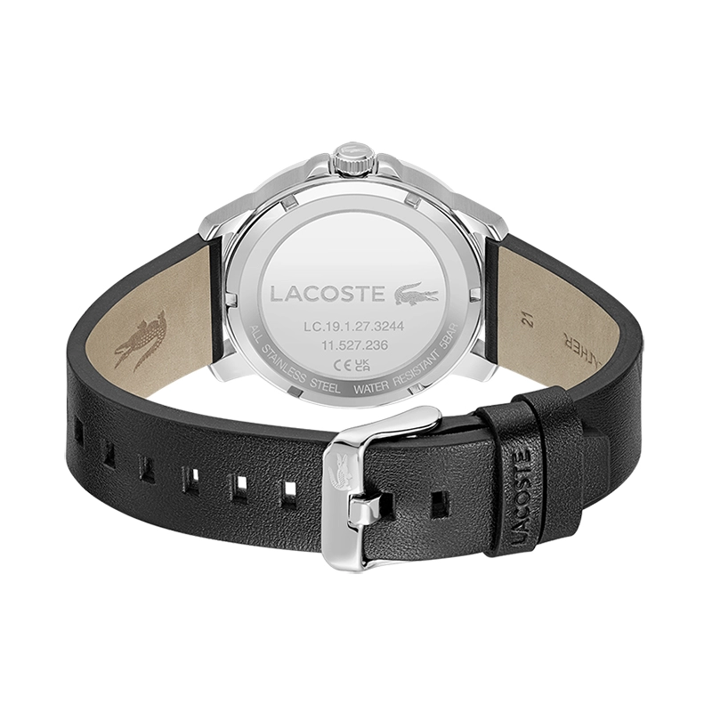 Reloj Lacoste analogo, para Hombre, tablero redondo color azul, estilo index + arabigo, pulso cuero color negro