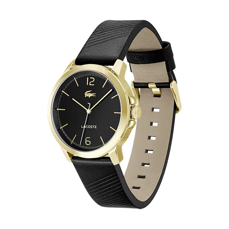 Reloj Lacoste analogo, para Hombre, tablero redondo colores negro y dorado, estilo index + arabigo, pulso cuero color negro