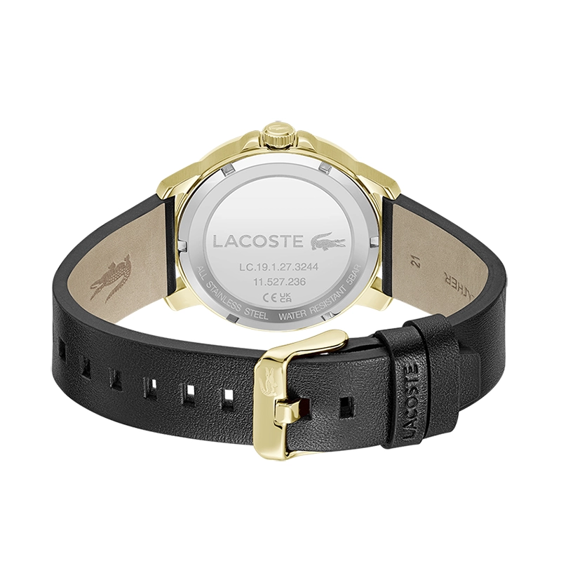 Reloj Lacoste analogo, para Hombre, tablero redondo colores negro y dorado, estilo index + arabigo, pulso cuero color negro