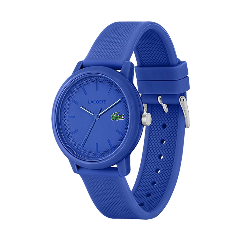 Reloj Lacoste analogo, para Hombre, tablero redondo color azul, estilo index, pulso silicona color azul