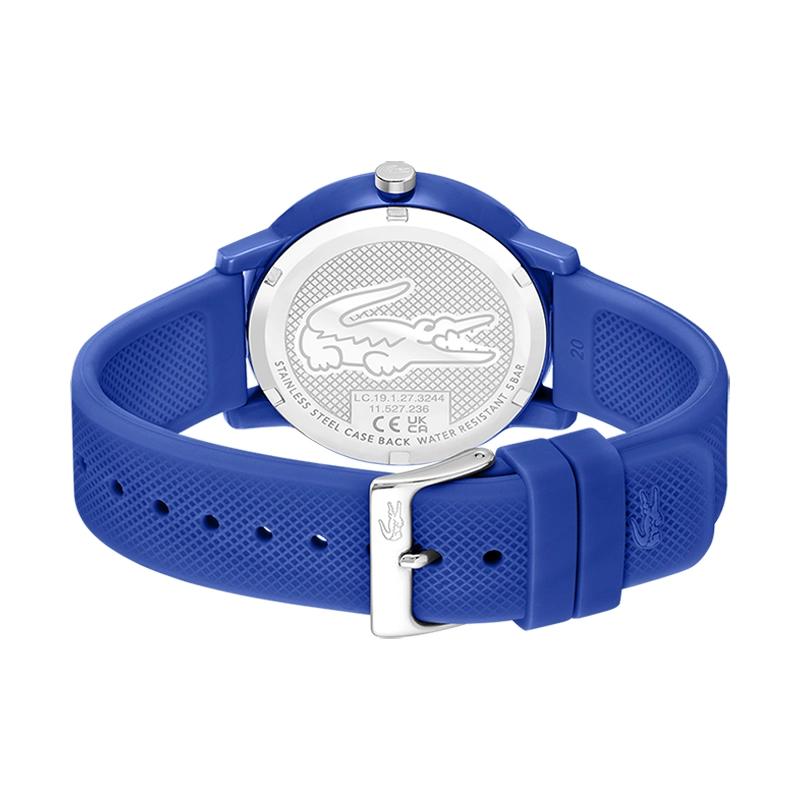 Reloj Lacoste analogo, para Hombre, tablero redondo color azul, estilo index, pulso silicona color azul
