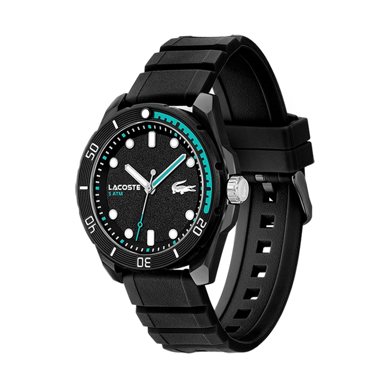 Reloj Lacoste analogo, para Hombre, tablero redondo colores negro y verde, estilo index + puntos, pulso silicona color negro