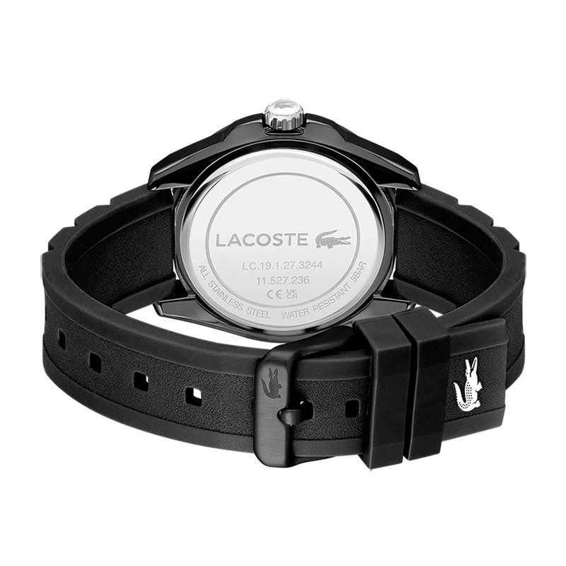 Reloj Lacoste analogo, para Hombre, tablero redondo colores negro y verde, estilo index + puntos, pulso silicona color negro