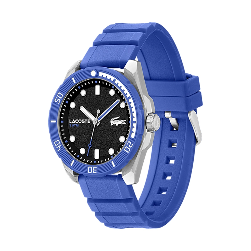 Reloj Lacoste analogo, para Hombre, tablero redondo colores negro y blanco, estilo index + puntos, pulso silicona color azul