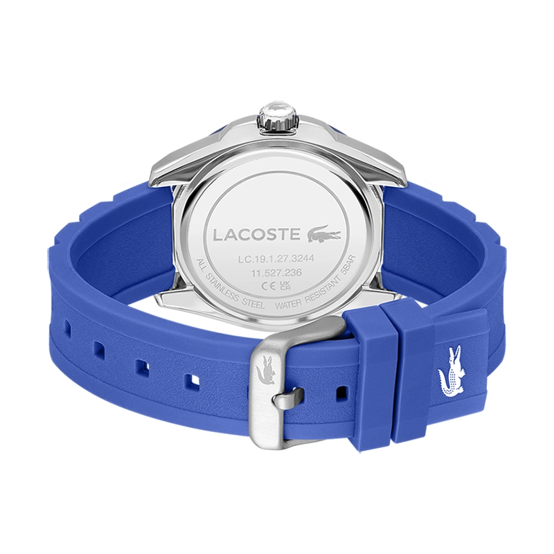 Reloj Lacoste analogo, para Hombre, tablero redondo colores negro y blanco, estilo index + puntos, pulso silicona color azul