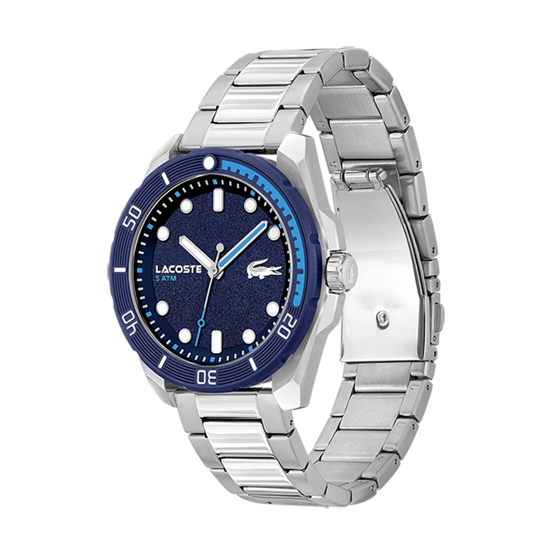 Reloj Lacoste analogo, para Hombre, tablero redondo colores azul y azul, estilo index + puntos, pulso acero color plateado