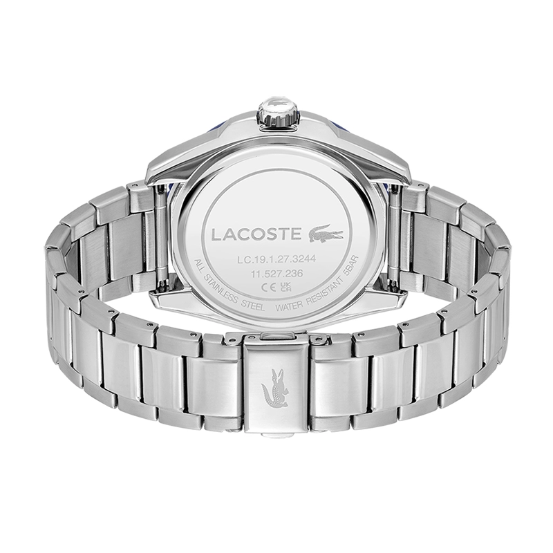 Reloj Lacoste analogo, para Hombre, tablero redondo colores azul y azul, estilo index + puntos, pulso acero color plateado