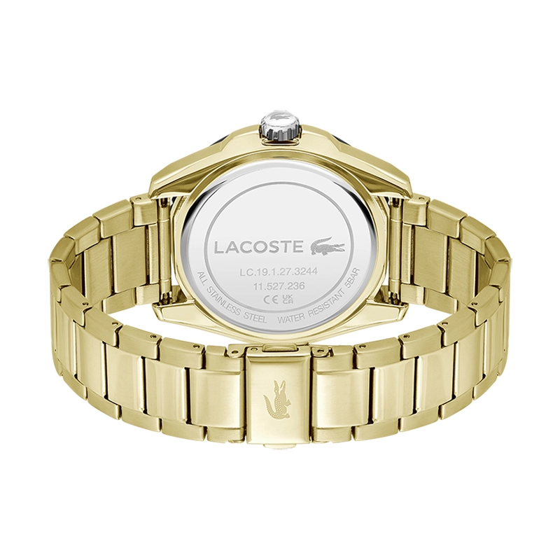 Reloj Lacoste analogo, para Hombre, tablero redondo color negro, estilo index + puntos, pulso acero color dorado