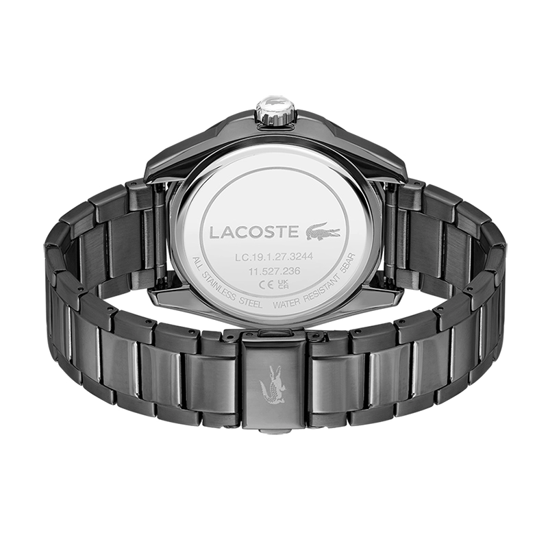 Reloj Lacoste analogo, para Hombre, tablero redondo colores negro y amarillo, estilo index + puntos, pulso acero color gris