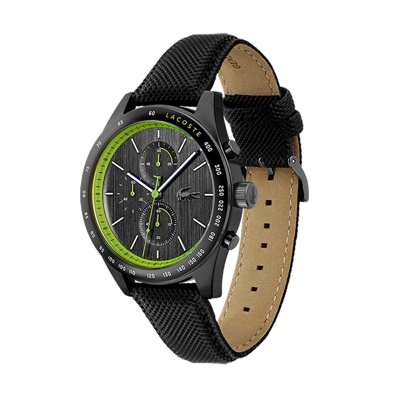 Reloj Lacoste analogo, para Hombre, tablero redondo colores negro y verde, estilo index, pulso cuero color negro, cronografo