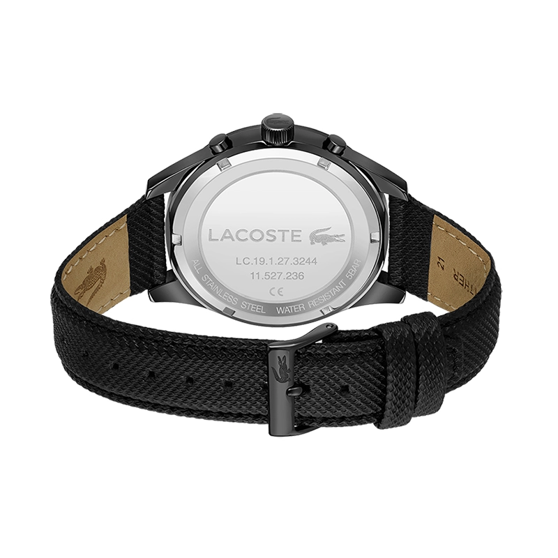 Reloj Lacoste analogo, para Hombre, tablero redondo colores negro y verde, estilo index, pulso cuero color negro, cronografo