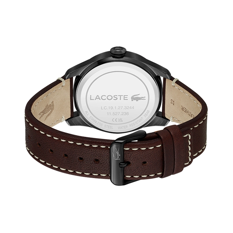 Reloj Lacoste analogo, para Hombre, tablero redondo color negro, estilo arabigos, pulso cuero color café