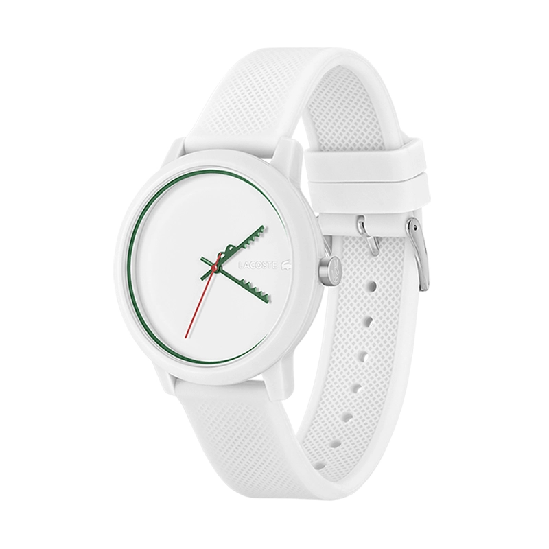 Reloj Lacoste analogo, para Hombre, tablero redondo colores blanco y verde, estilo sin numeros, pulso silicona color blanco