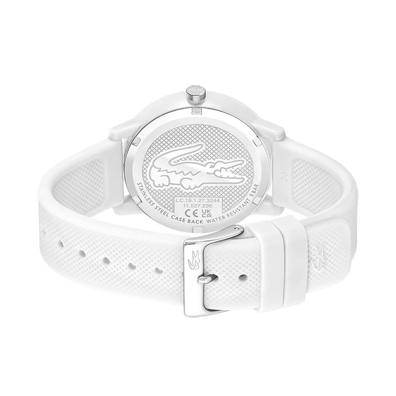 Reloj Lacoste analogo, para Hombre, tablero redondo colores blanco y verde, estilo sin numeros, pulso silicona color blanco