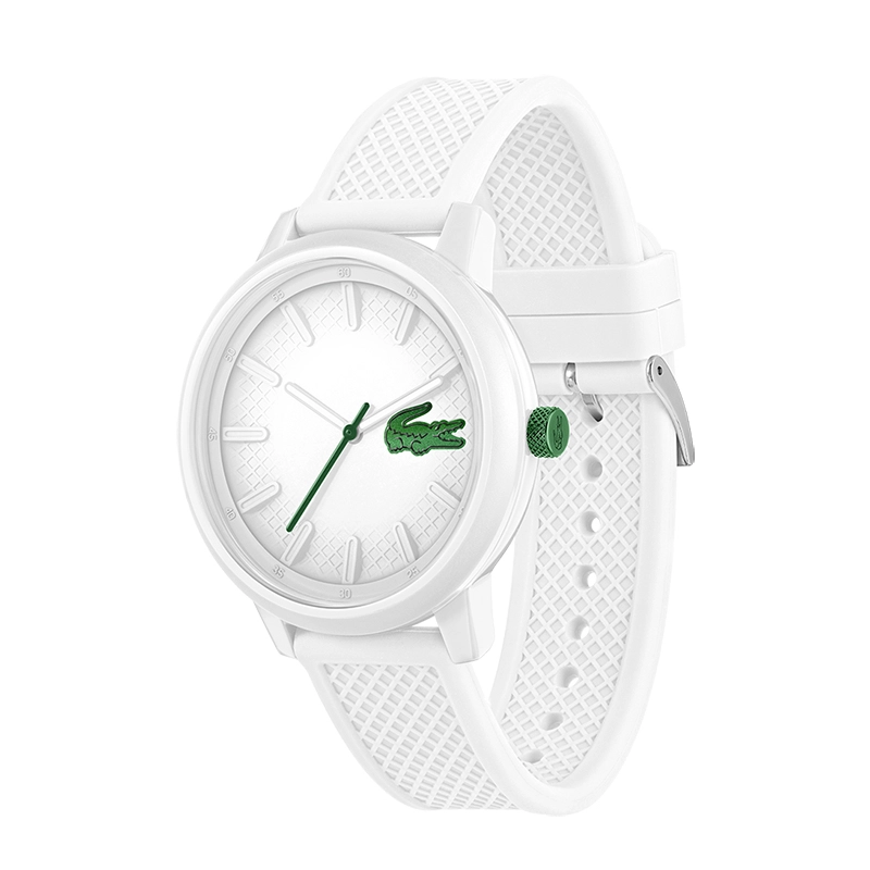 Reloj Lacoste análogo, para Hombre, tablero redondo colores blanco y verde, estilo index, pulso silicona color blanco