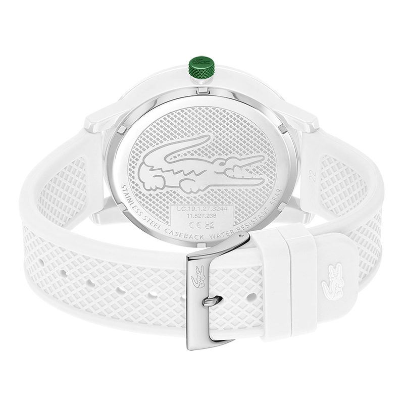 Reloj Lacoste análogo, para Hombre, tablero redondo colores blanco y verde, estilo index, pulso silicona color blanco