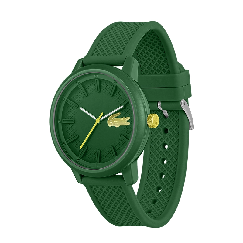 Reloj Lacoste análogo, para Hombre, tablero redondo colores verde, dorado y verde, estilo index, pulso silicona color verde