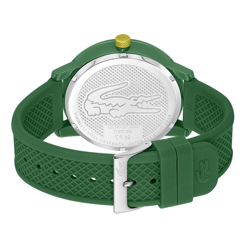 Reloj Lacoste análogo, para Hombre, tablero redondo colores verde, dorado y verde, estilo index, pulso silicona color verde