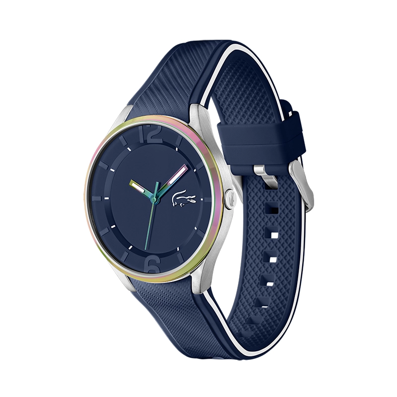 Reloj Lacoste analogo, para Hombre, tablero redondo color azul, estilo index + arabigo, pulso silicona color azul