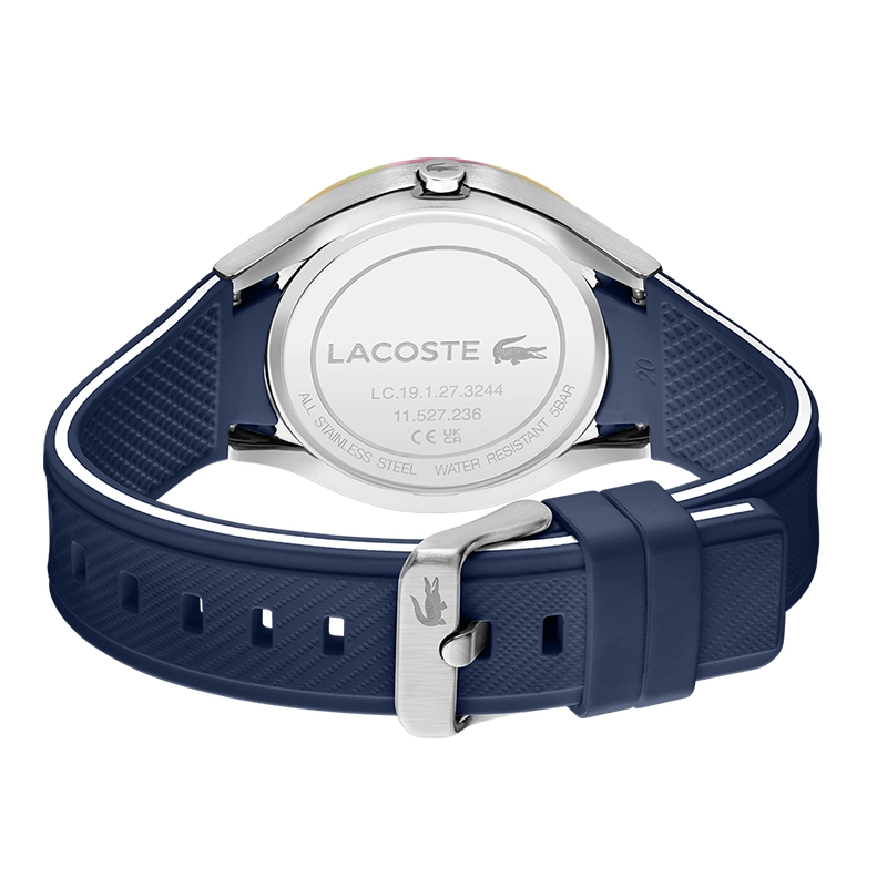 Reloj Lacoste analogo, para Hombre, tablero redondo color azul, estilo index + arabigo, pulso silicona color azul