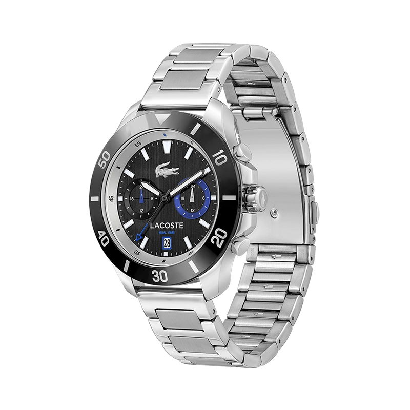 Reloj Lacoste analogo, para Hombre, tablero redondo, estilo index, pulso acero, calendario