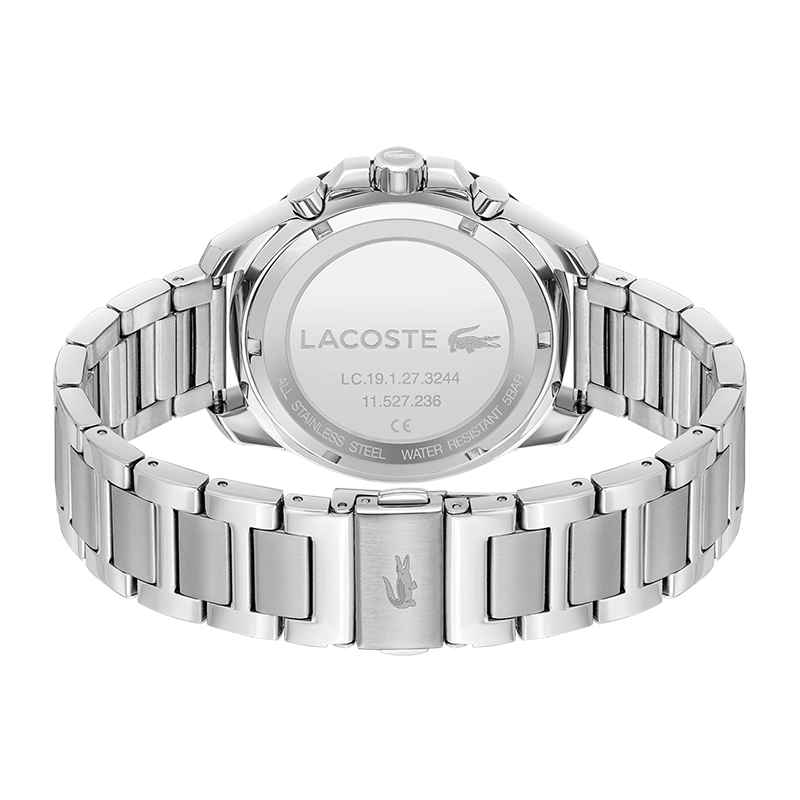 Reloj Lacoste analogo, para Hombre, tablero redondo, estilo index, pulso acero, calendario