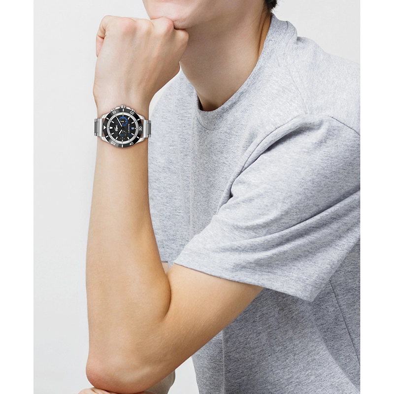 Reloj Lacoste analogo, para Hombre, tablero redondo, estilo index, pulso acero, calendario
