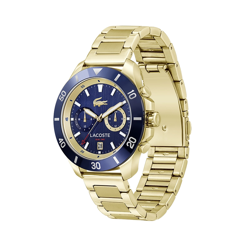 Reloj Lacoste analogo, para Hombre, tablero redondo, estilo index, pulso acero, calendario