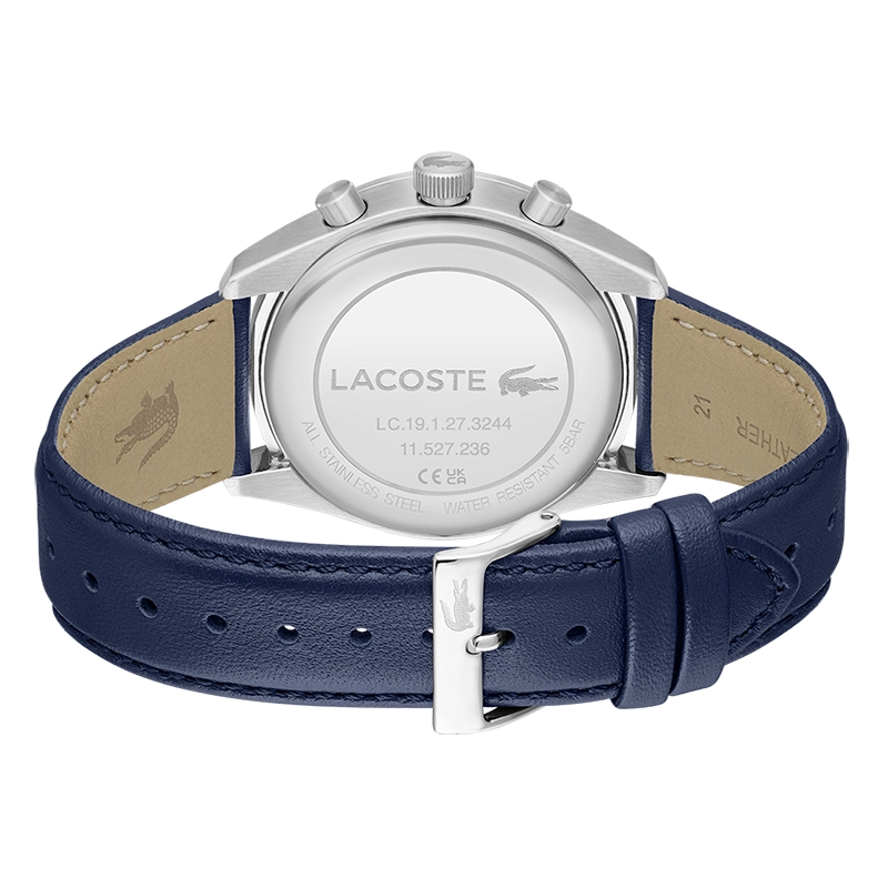 Reloj Lacoste analogo, para Hombre, tablero redondo, estilo index, pulso cuero, cronografo