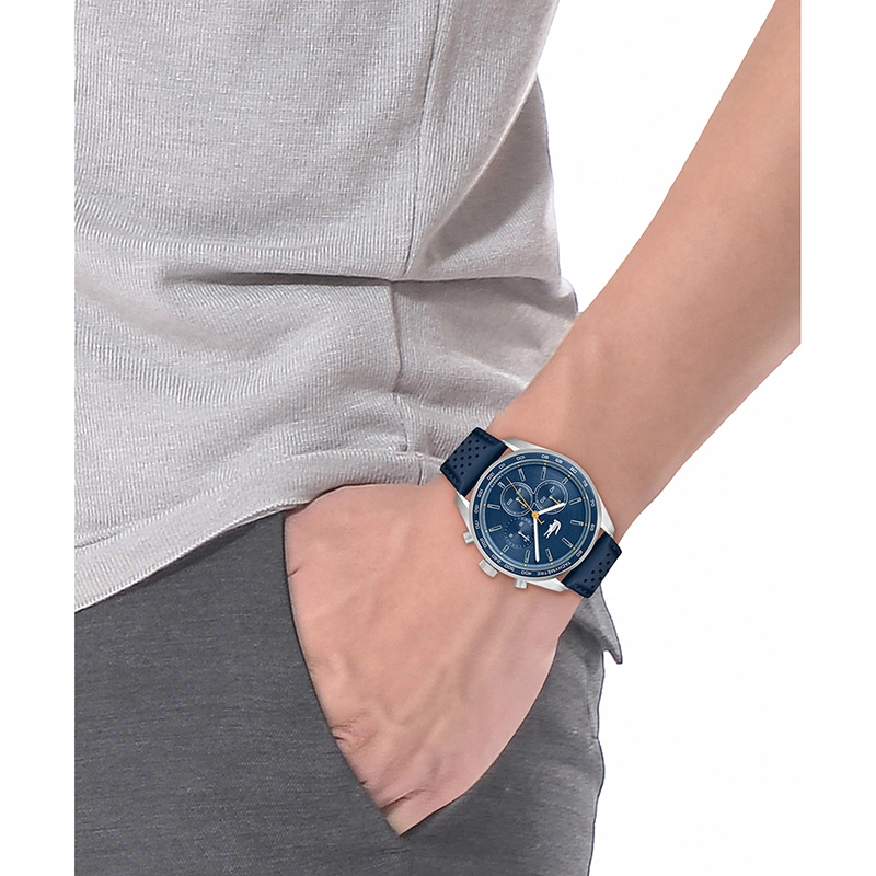Reloj Lacoste analogo, para Hombre, tablero redondo, estilo index, pulso cuero, cronografo