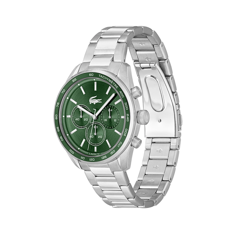 Reloj Lacoste análogo, para Hombre, tablero redondo color verde, estilo index, pulso acero color plateado, cronografo