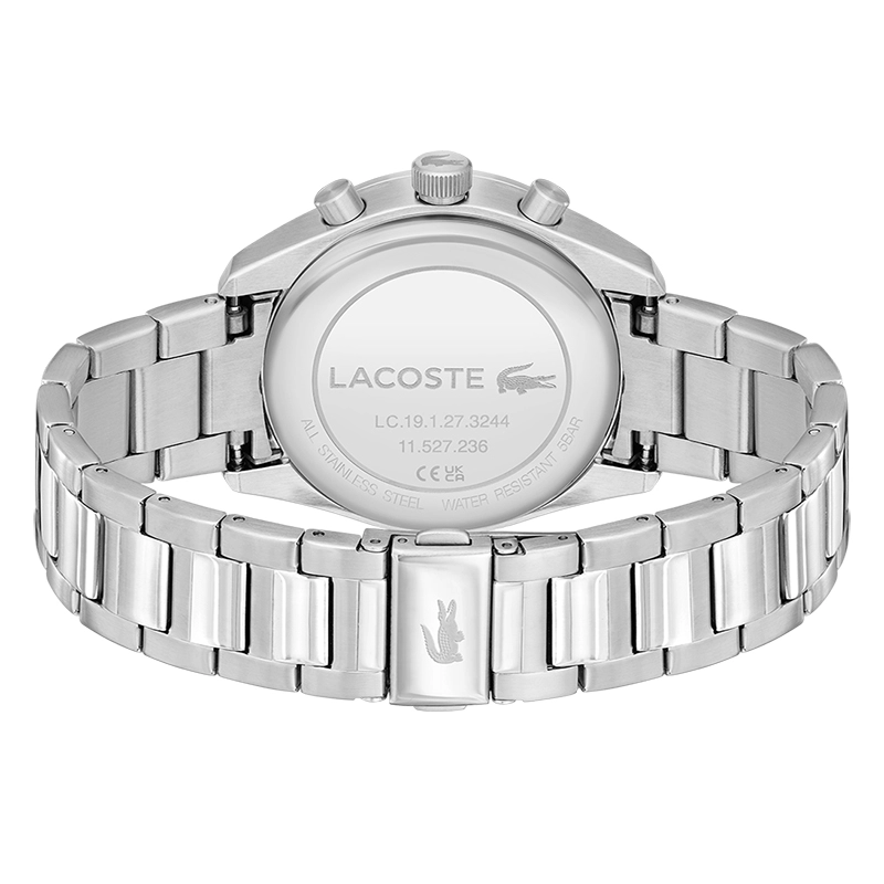 Reloj Lacoste análogo, para Hombre, tablero redondo color verde, estilo index, pulso acero color plateado, cronografo