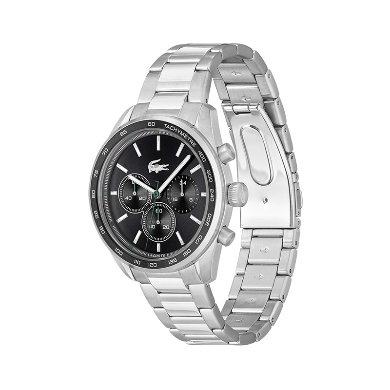 Reloj Lacoste analogo, para Hombre, tablero redondo, estilo index, pulso acero, cronografo