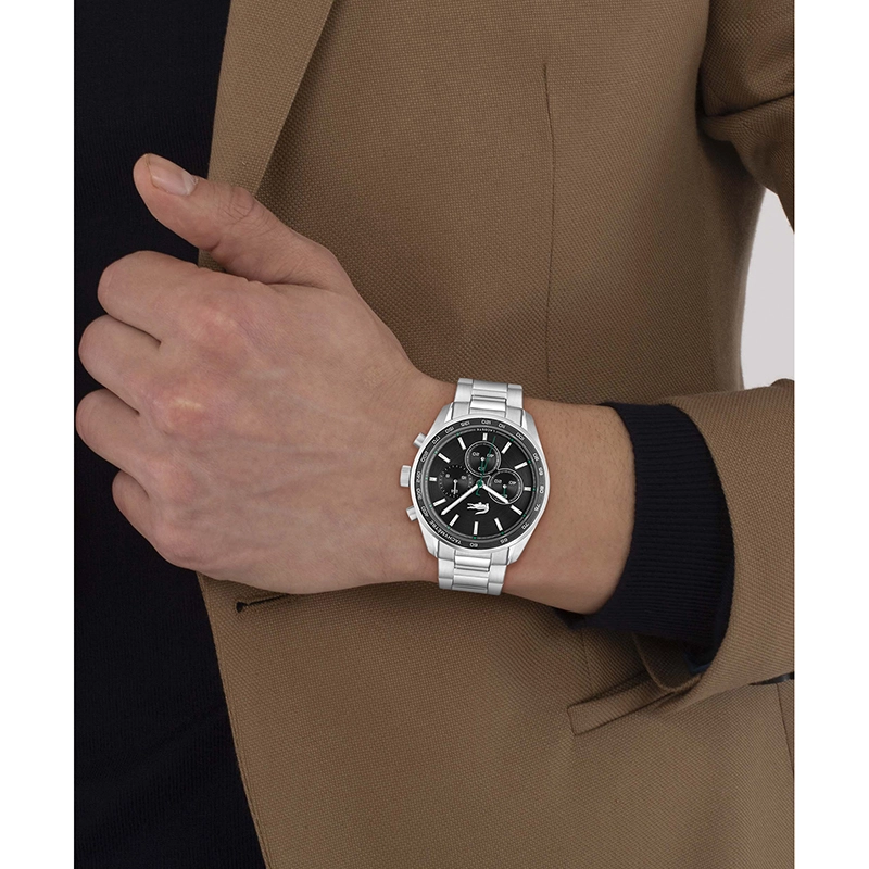 Reloj Lacoste analogo, para Hombre, tablero redondo, estilo index, pulso acero, cronografo