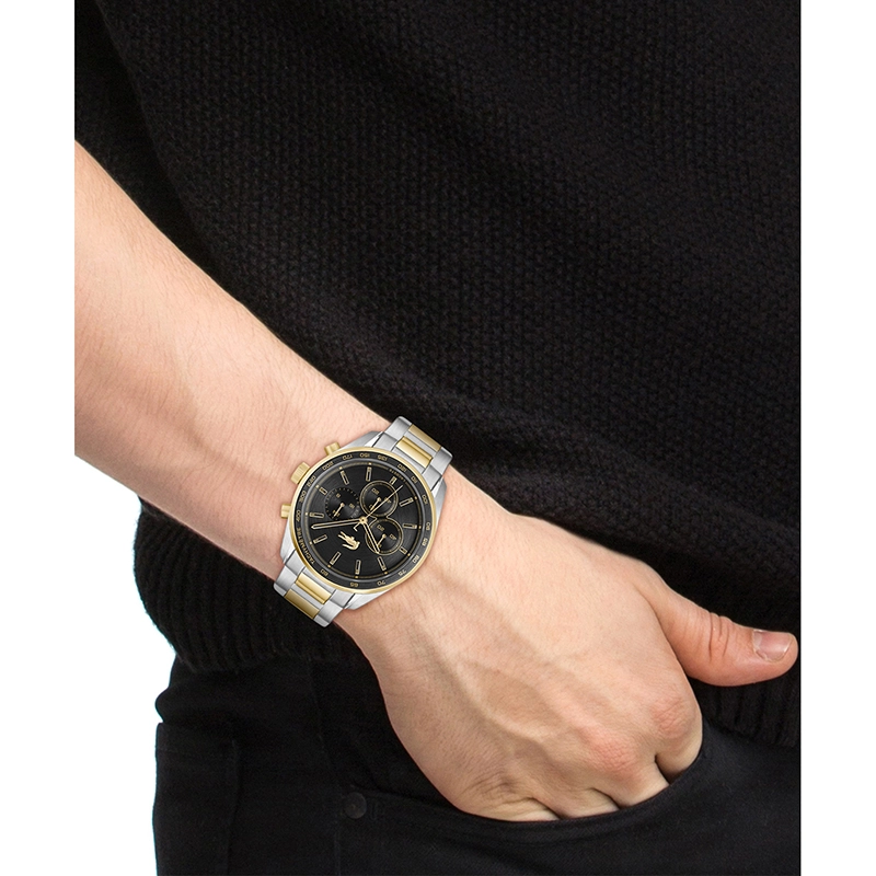 Reloj Lacoste analogo, para Hombre, tablero redondo, estilo index, pulso acero, cronografo