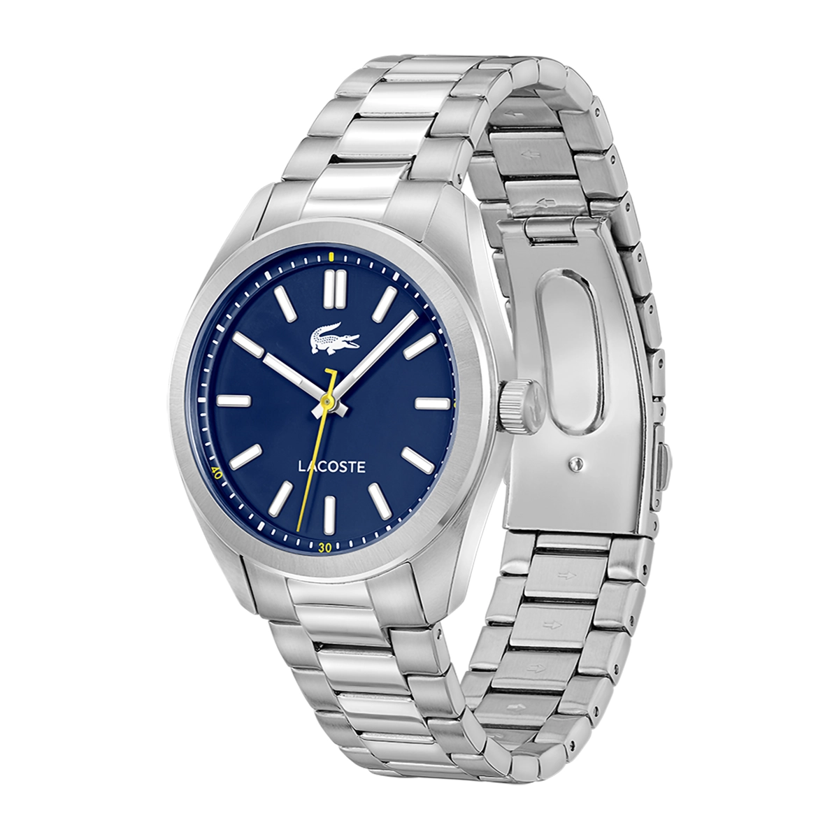 Reloj Lacoste analogo, para Hombre, tablero redondo color azul, estilo index, pulso acero color plateado