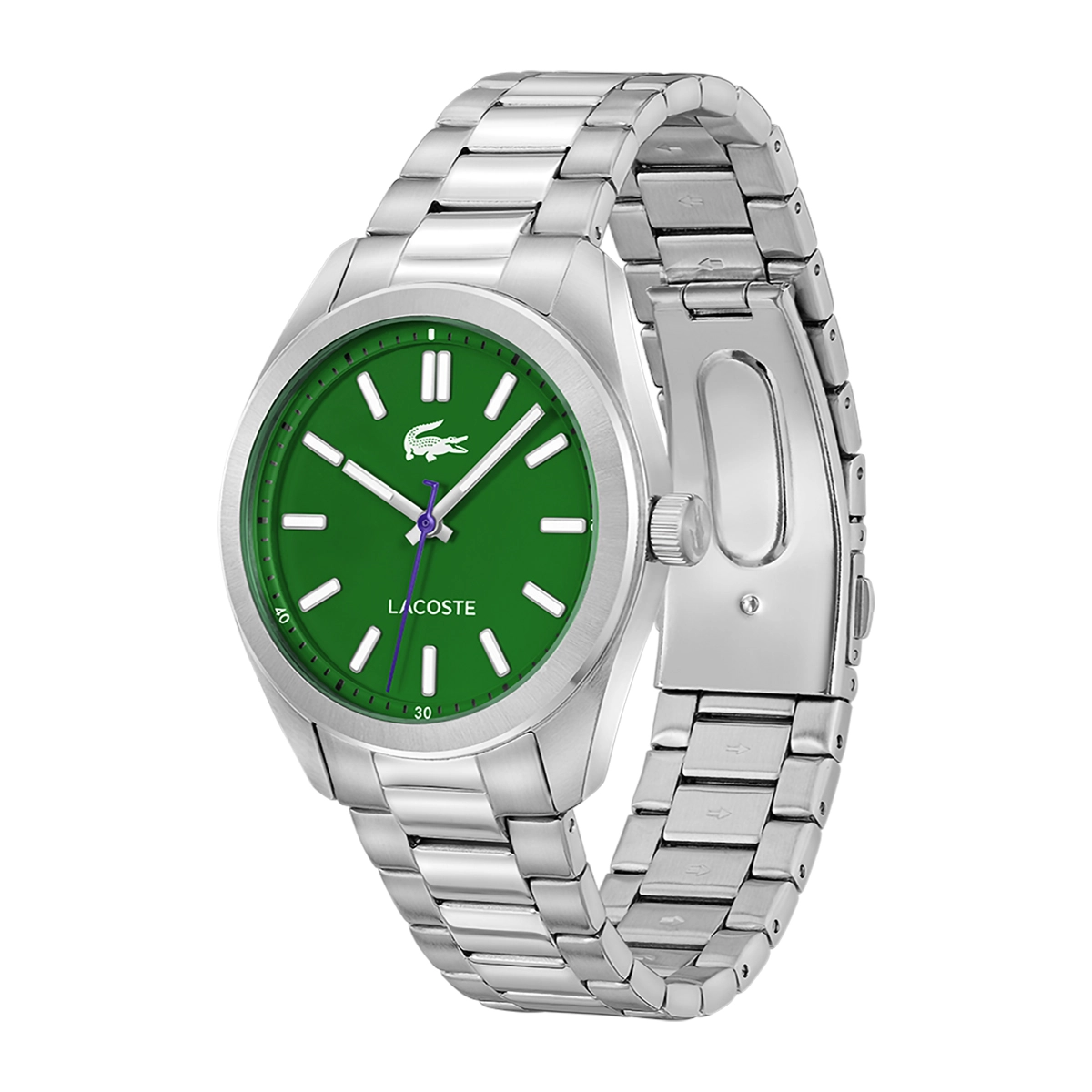 Reloj Lacoste analogo, para Hombre, tablero redondo color verde, estilo index, pulso acero color plateado