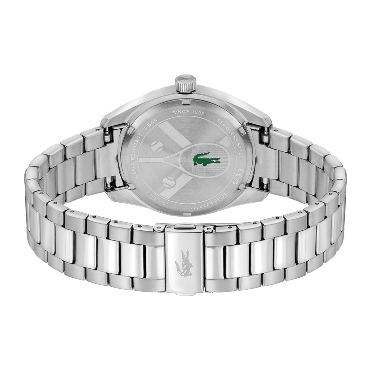 Reloj Lacoste analogo, para Hombre, tablero redondo color verde, estilo index, pulso acero color plateado
