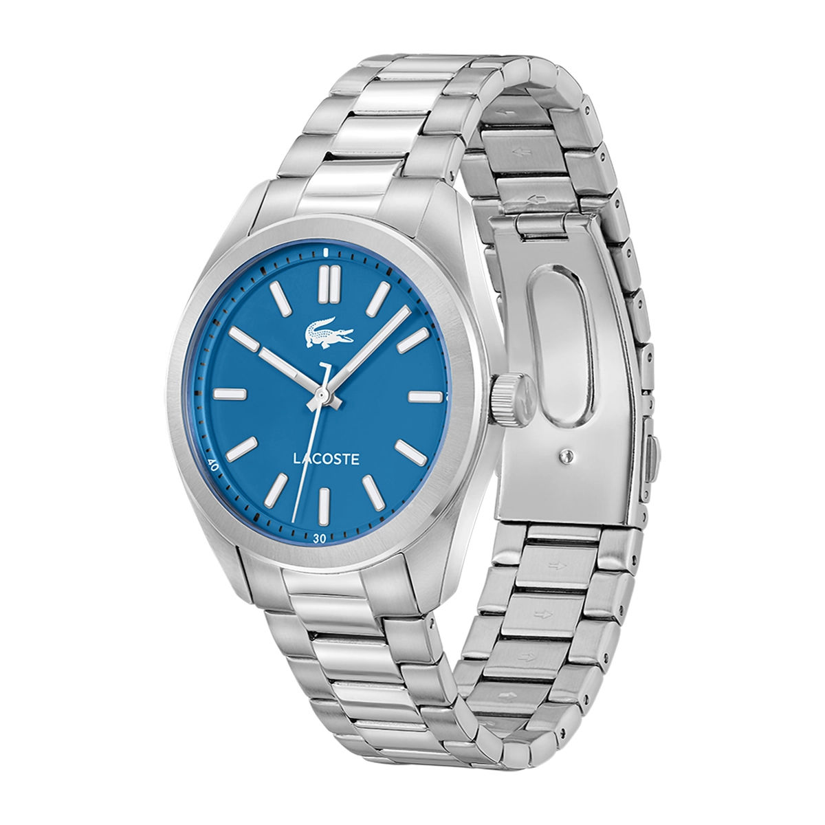 Reloj Lacoste analogo, para Hombre, tablero redondo color azul, estilo index, pulso acero color plateado