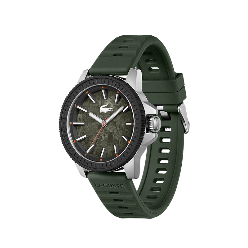 Reloj Lacoste analogo, para Hombre, tablero redondo colores gris y rojo, estilo index, pulso silicona color verde