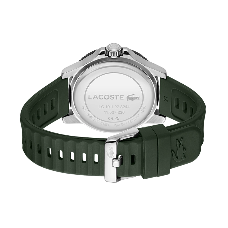 Reloj Lacoste analogo, para Hombre, tablero redondo colores gris y rojo, estilo index, pulso silicona color verde
