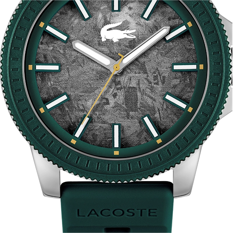 Reloj Lacoste analogo, para Hombre, tablero redondo colores gris y blanco, estilo index, pulso silicona colores verde y naranja