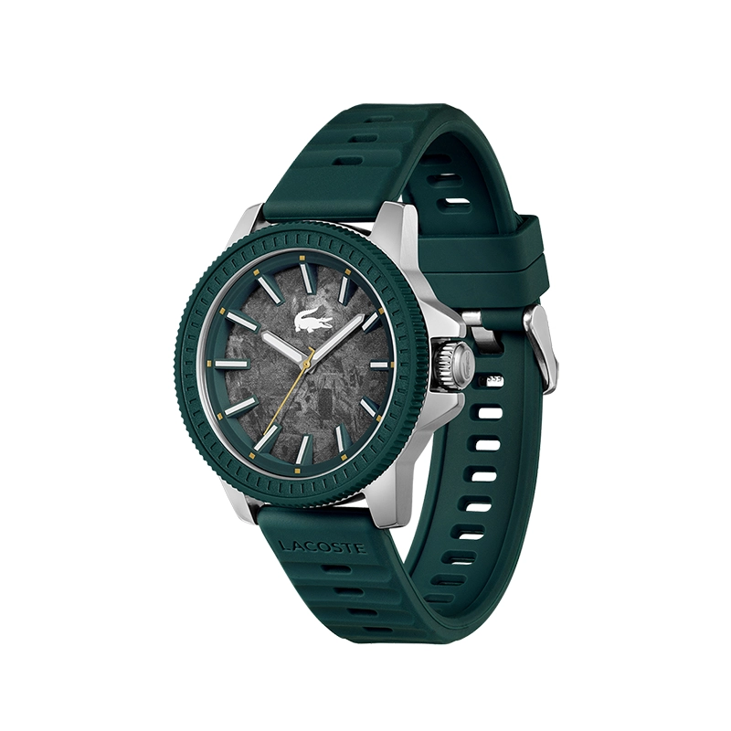 Reloj Lacoste analogo, para Hombre, tablero redondo colores gris y blanco, estilo index, pulso silicona colores verde y naranja