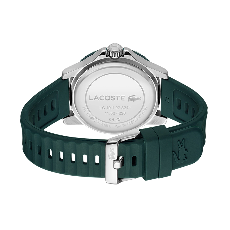 Reloj Lacoste analogo, para Hombre, tablero redondo colores gris y blanco, estilo index, pulso silicona colores verde y naranja