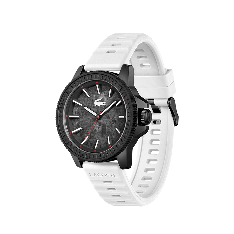 Reloj Lacoste analogo, para Hombre, tablero redondo colores negro y rojo, estilo index, pulso silicona color blanco