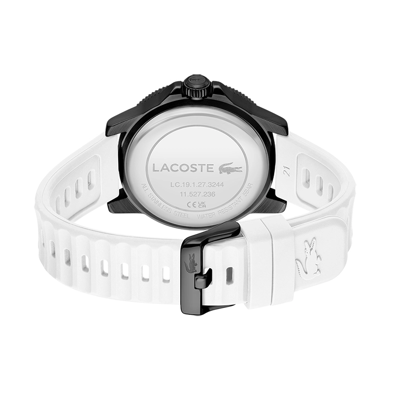 Reloj Lacoste analogo, para Hombre, tablero redondo colores negro y rojo, estilo index, pulso silicona color blanco